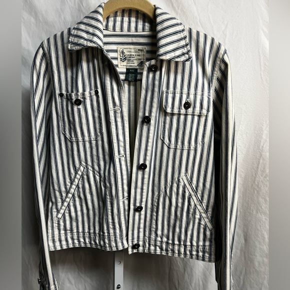 Jackets & Blazers - Vintage Lauren Jeans Co. Women's Stripe Denim Jacket Size Sp Blue Off White EUC